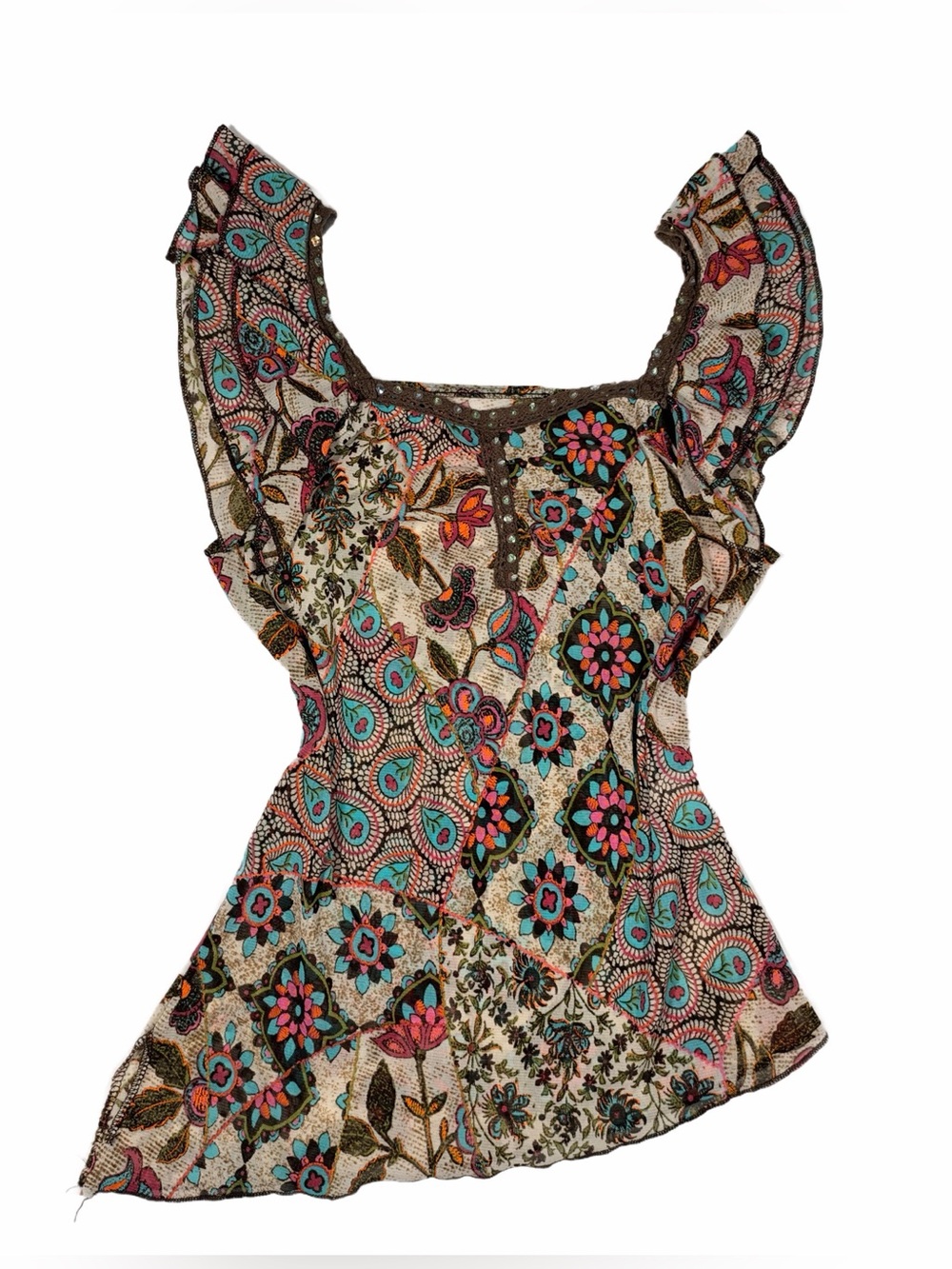 y2k Euro Bohemian Multicolor Floral Ruffle Sleeve Asymmetrical Blouse